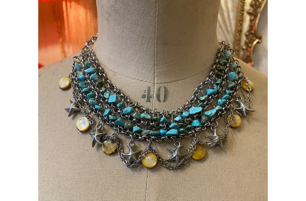 vintage style turquoise beaded choker, silver chain necklace, novelty, starfish
